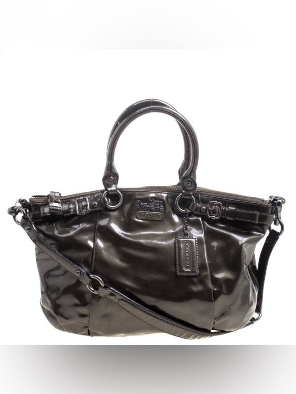Coach Olive Green Metallic Patent Leather Tote with Removable Strap